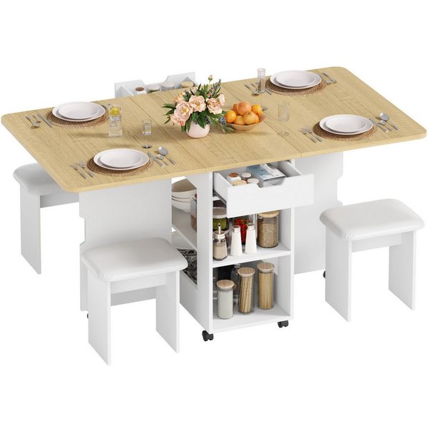 Mondeer Essgruppe Esstisch mit 4 Polsterhocker, (140x80 cm), Platzsparender Drop-Leaf-Tisch mit 2 Schubladen & Rollen