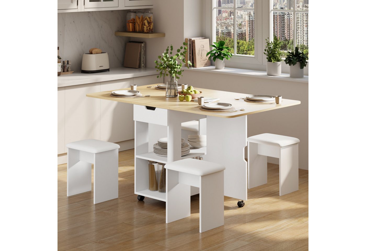 Mondeer Essgruppe Esstisch mit 4 Polsterhocker, (140x80 cm), Platzsparender Drop-Leaf-Tisch mit 2 Schubladen & Rollen – Bild 2 von 5