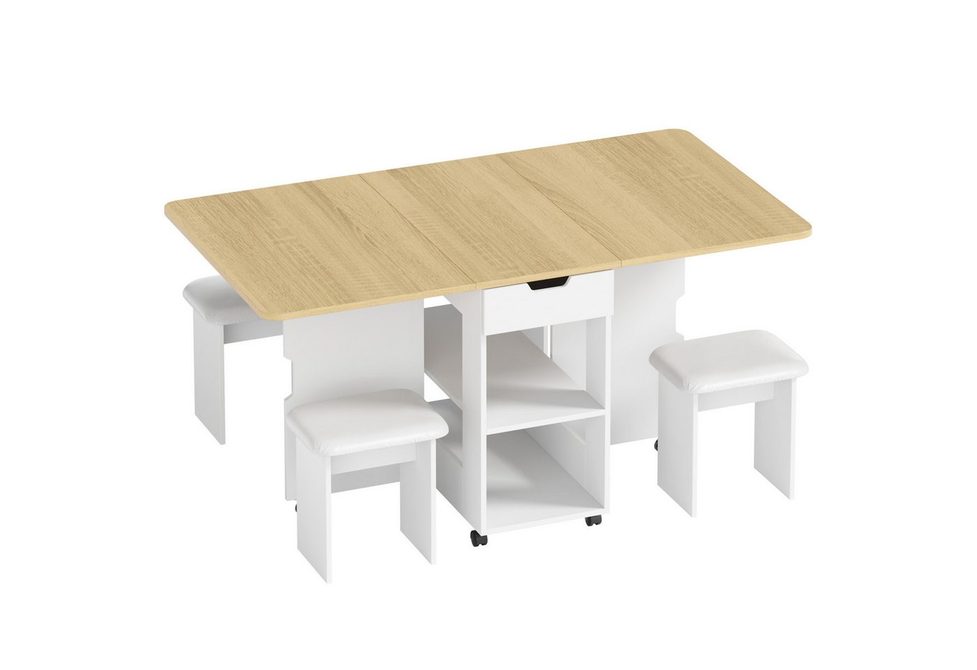 Mondeer Essgruppe Esstisch mit 4 Polsterhocker, (140x80 cm), Platzsparender Drop-Leaf-Tisch mit 2 Schubladen & Rollen – Bild 3 von 5
