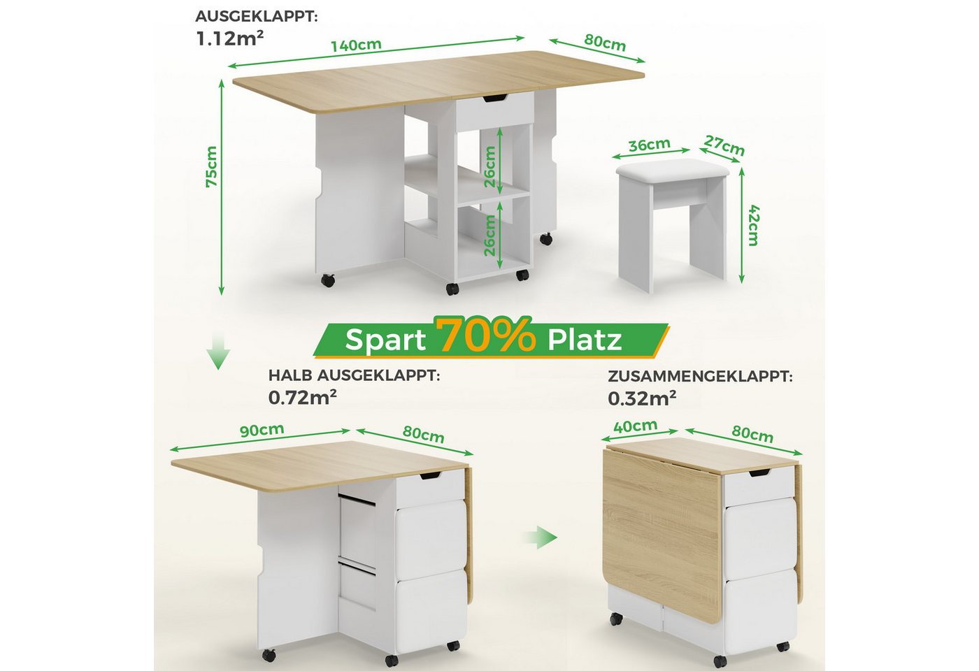 Mondeer Essgruppe Esstisch mit 4 Polsterhocker, (140x80 cm), Platzsparender Drop-Leaf-Tisch mit 2 Schubladen & Rollen – Bild 4 von 5