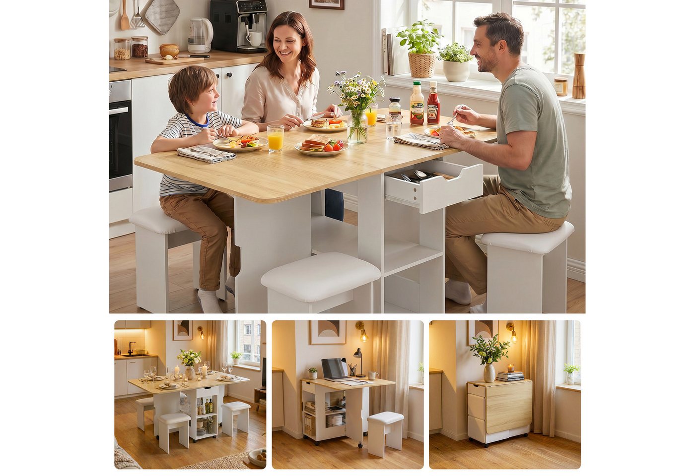 Mondeer Essgruppe Esstisch mit 4 Polsterhocker, (140x80 cm), Platzsparender Drop-Leaf-Tisch mit 2 Schubladen & Rollen – Bild 5 von 5