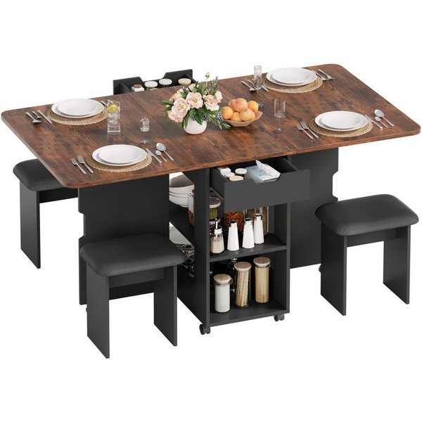 Mondeer Essgruppe Esstisch mit 4 Polsterhocker, (140x80 cm), Platzsparender Drop-Leaf-Tisch mit 2 Schubladen & Rollen
