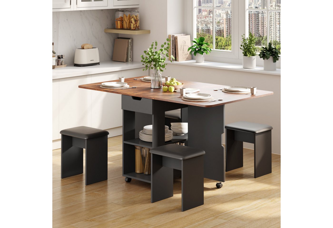 Mondeer Essgruppe Esstisch mit 4 Polsterhocker, (140x80 cm), Platzsparender Drop-Leaf-Tisch mit 2 Schubladen & Rollen – Bild 2 von 5