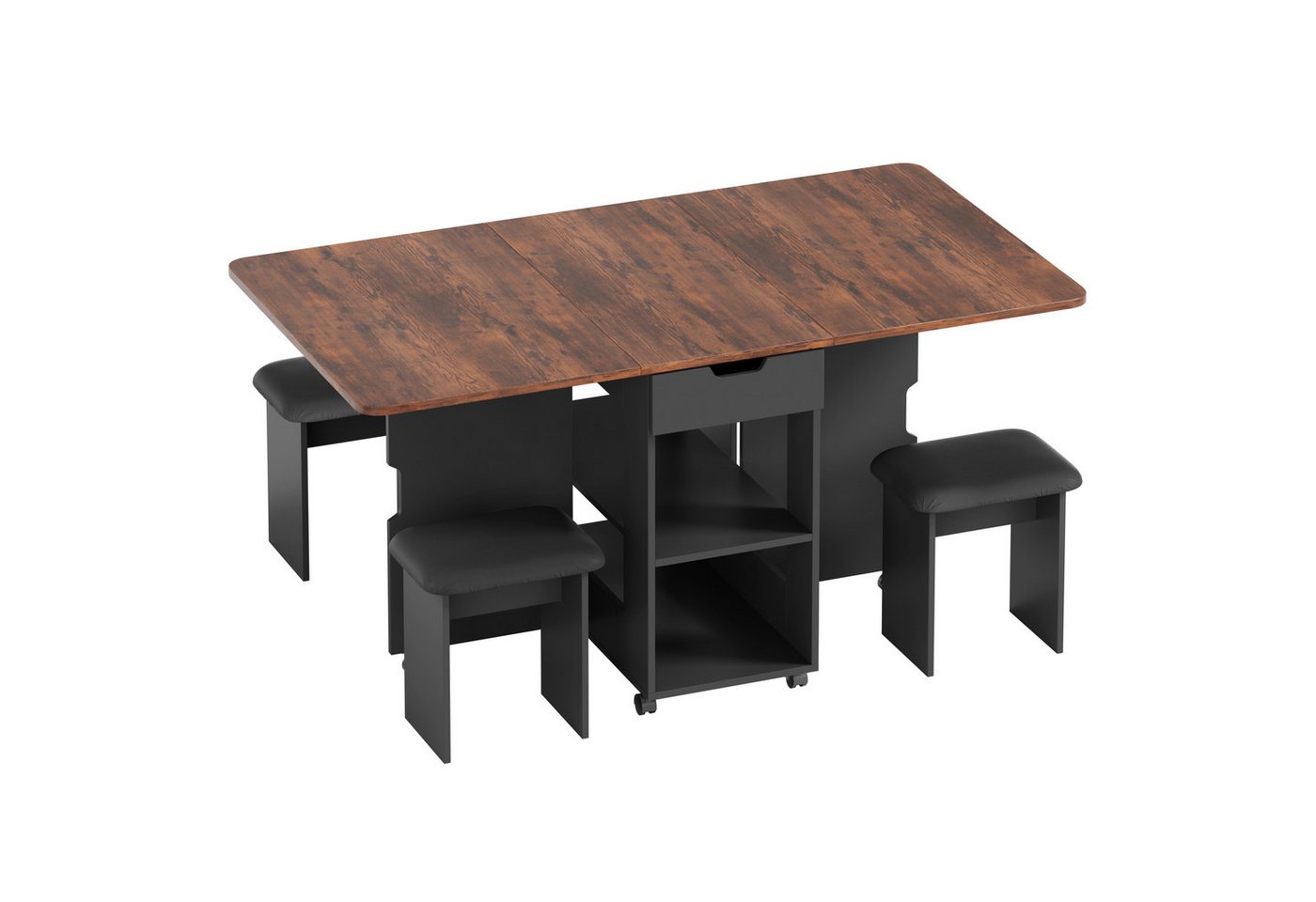 Mondeer Essgruppe Esstisch mit 4 Polsterhocker, (140x80 cm), Platzsparender Drop-Leaf-Tisch mit 2 Schubladen & Rollen – Bild 3 von 5