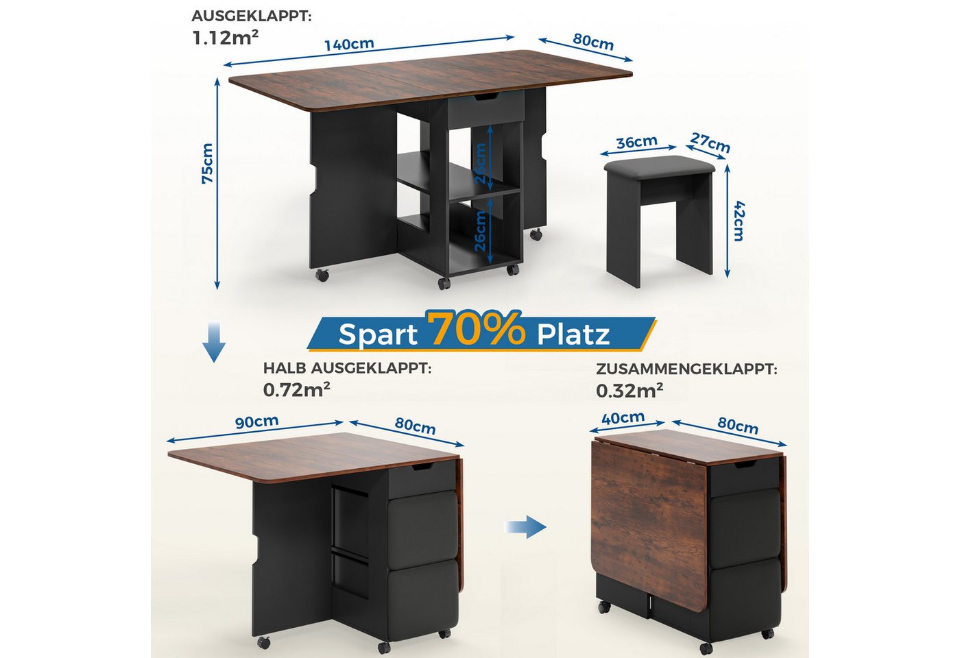 Mondeer Essgruppe Esstisch mit 4 Polsterhocker, (140x80 cm), Platzsparender Drop-Leaf-Tisch mit 2 Schubladen & Rollen – Bild 4 von 5