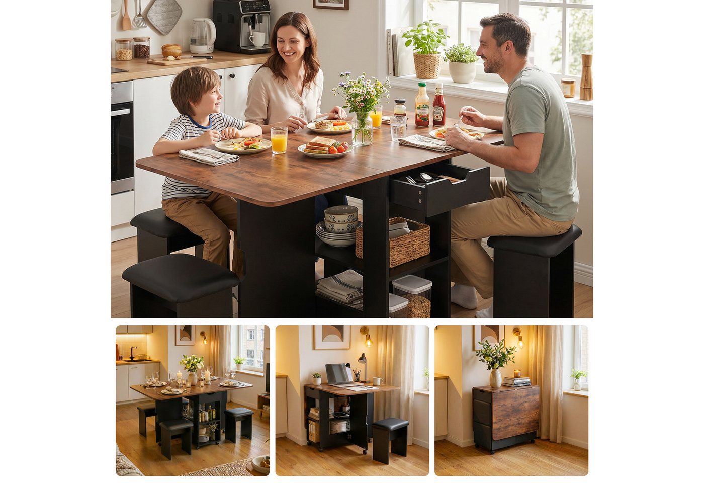 Mondeer Essgruppe Esstisch mit 4 Polsterhocker, (140x80 cm), Platzsparender Drop-Leaf-Tisch mit 2 Schubladen & Rollen – Bild 5 von 5