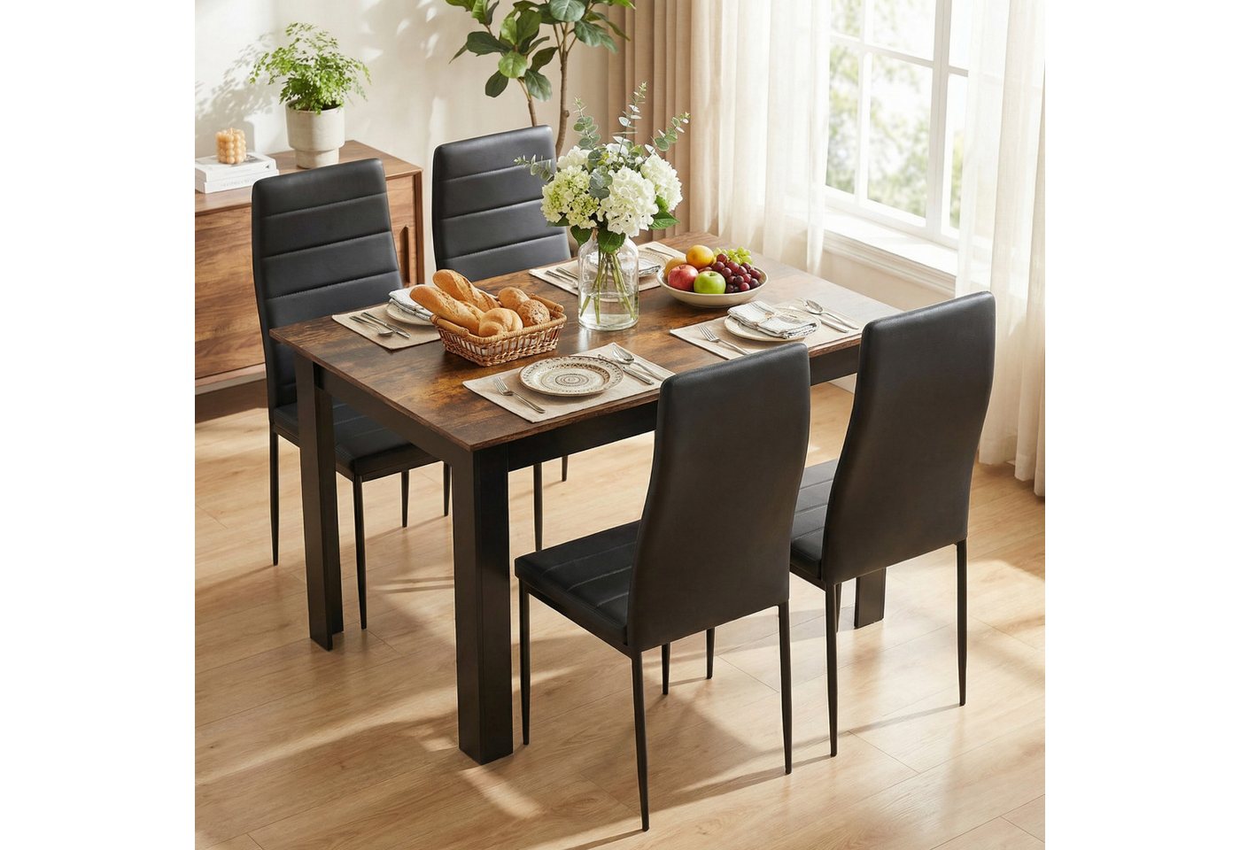 Mondeer Essgruppe Esszimmergruppe (Set, 5-tlg), (1 Tisch + 4 Stühle), Spanplatte & Lederimitat, Zweifarbig, Ergonomisch – Bild 2 von 5