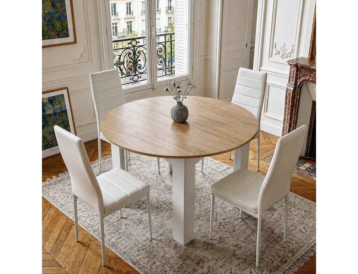 Mondeer Essgruppe Esszimmergruppe (Set, 5-tlg), (Esstisch 120 cm rund mit 4 Stühlen), EsszimmerSet für kleine Küchen & Apartments, Platzsparend – Bild 2 von 5