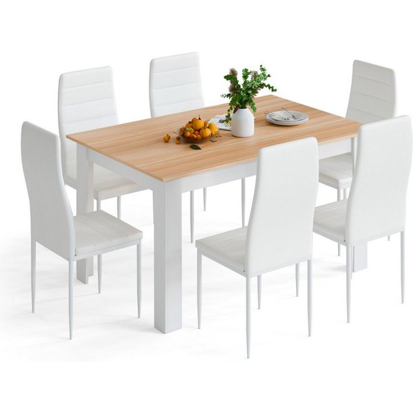 Mondeer Essgruppe Esszimmergruppe (Set, 7-tlg), 1 Tische mit 6 weiß Stühlen