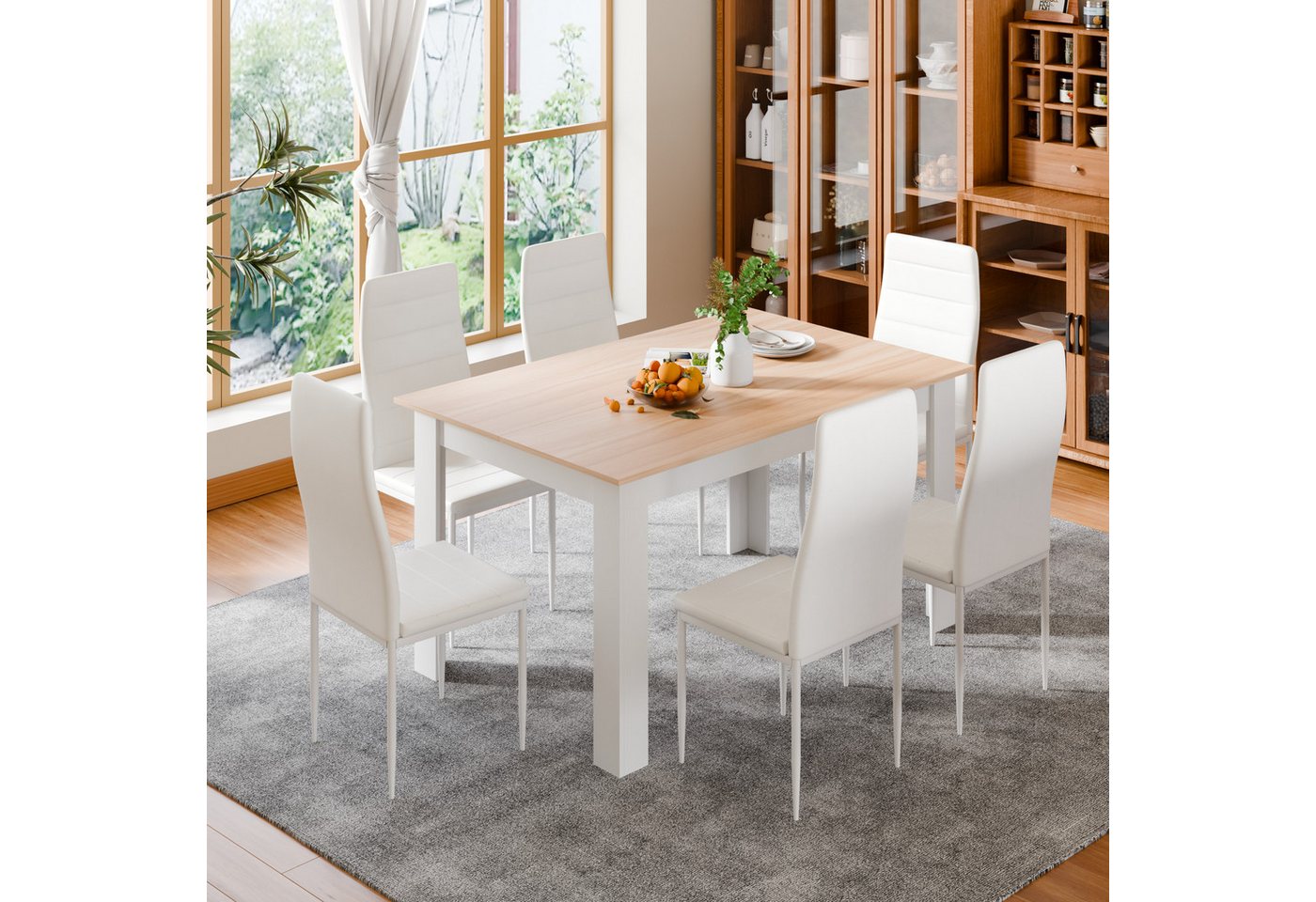 Mondeer Essgruppe Esszimmergruppe (Set, 7-tlg), 1 Tische mit 6 weiß Stühlen – Bild 2 von 5