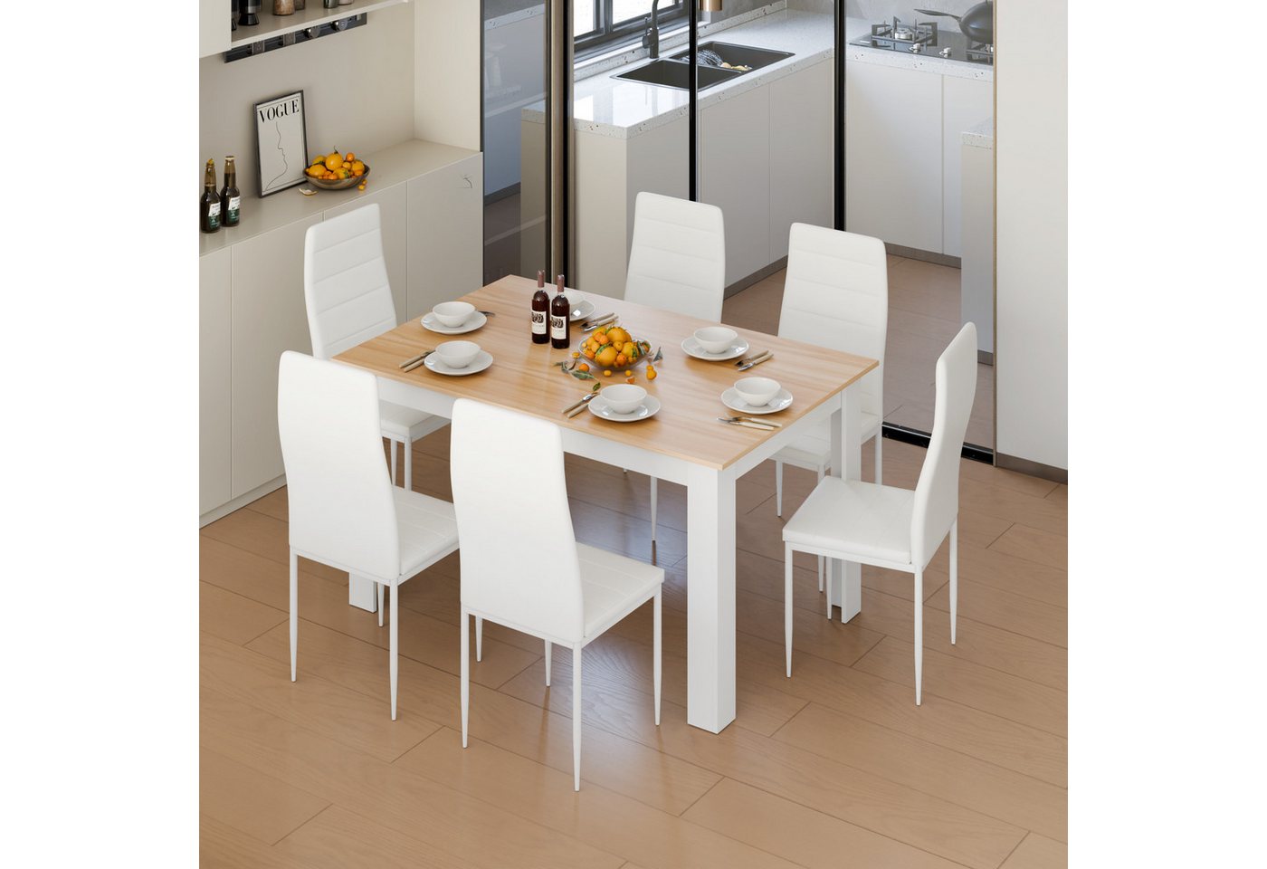 Mondeer Essgruppe Esszimmergruppe (Set, 7-tlg), 1 Tische mit 6 weiß Stühlen – Bild 3 von 5
