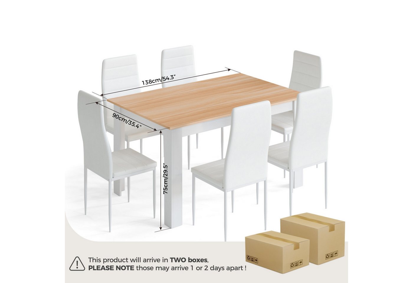 Mondeer Essgruppe Esszimmergruppe (Set, 7-tlg), 1 Tische mit 6 weiß Stühlen – Bild 4 von 5