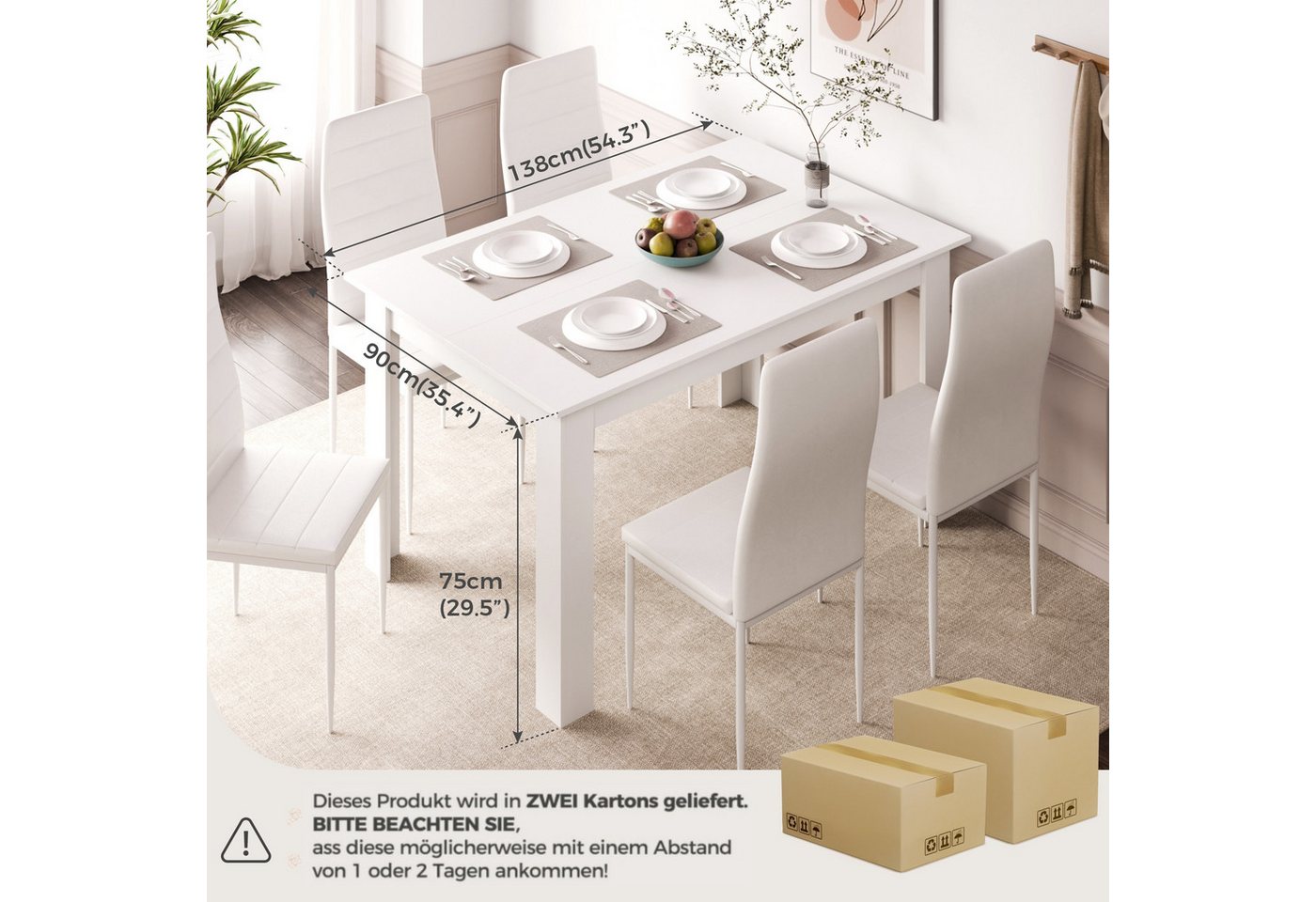 Mondeer Essgruppe Esszimmergruppe (Set, 7-tlg), 1 Tische mit 6 weiß Stühlen – Bild 4 von 5