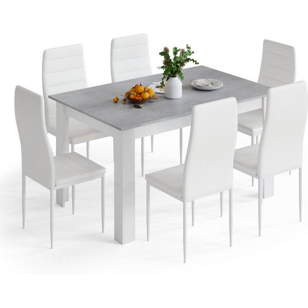 Mondeer Essgruppe Esszimmergruppe (Set, 7-tlg), 1 Tische mit 6 weiß Stühlen