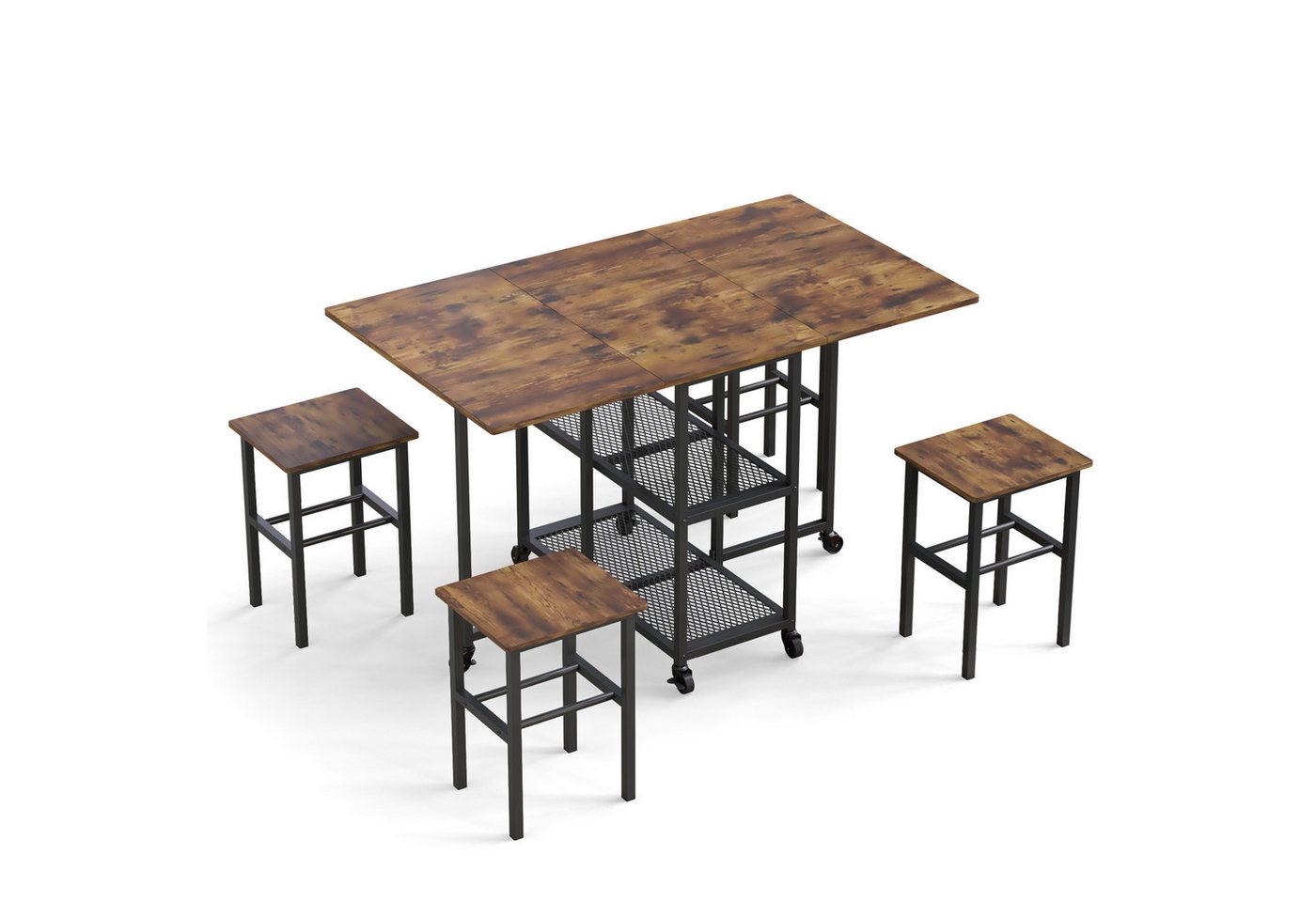 Mondeer Essgruppe Klapptisch-Set, mit 4 Hockern, 6 Rollen & Stauraum, Platzsparend für Esszimmer & Küche – Bild 4 von 5