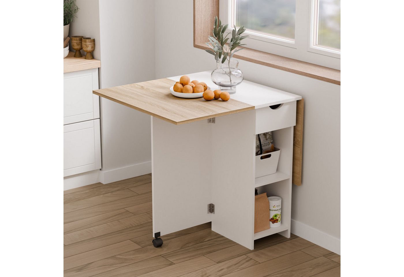 Mondeer Esstisch Klappbarer Esstisch, mit 1 Schublade und 2 Lagerregalkonsolen 72 x 120 x 75 cm – Bild 3 von 5