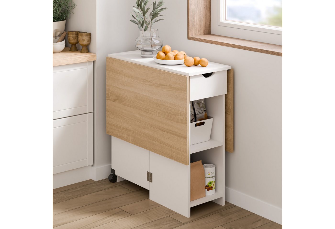 Mondeer Esstisch Klappbarer Esstisch, mit 1 Schublade und 2 Lagerregalkonsolen 72 x 120 x 75 cm – Bild 4 von 5