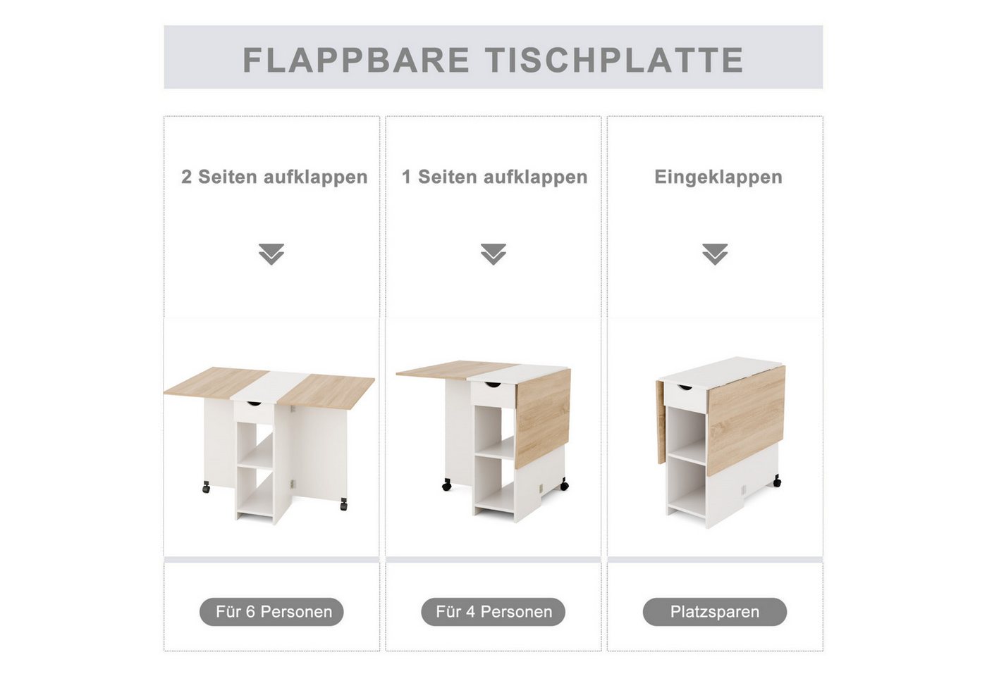 Mondeer Esstisch Klappbarer Esstisch, mit 1 Schublade und 2 Lagerregalkonsolen 72 x 120 x 75 cm – Bild 5 von 5