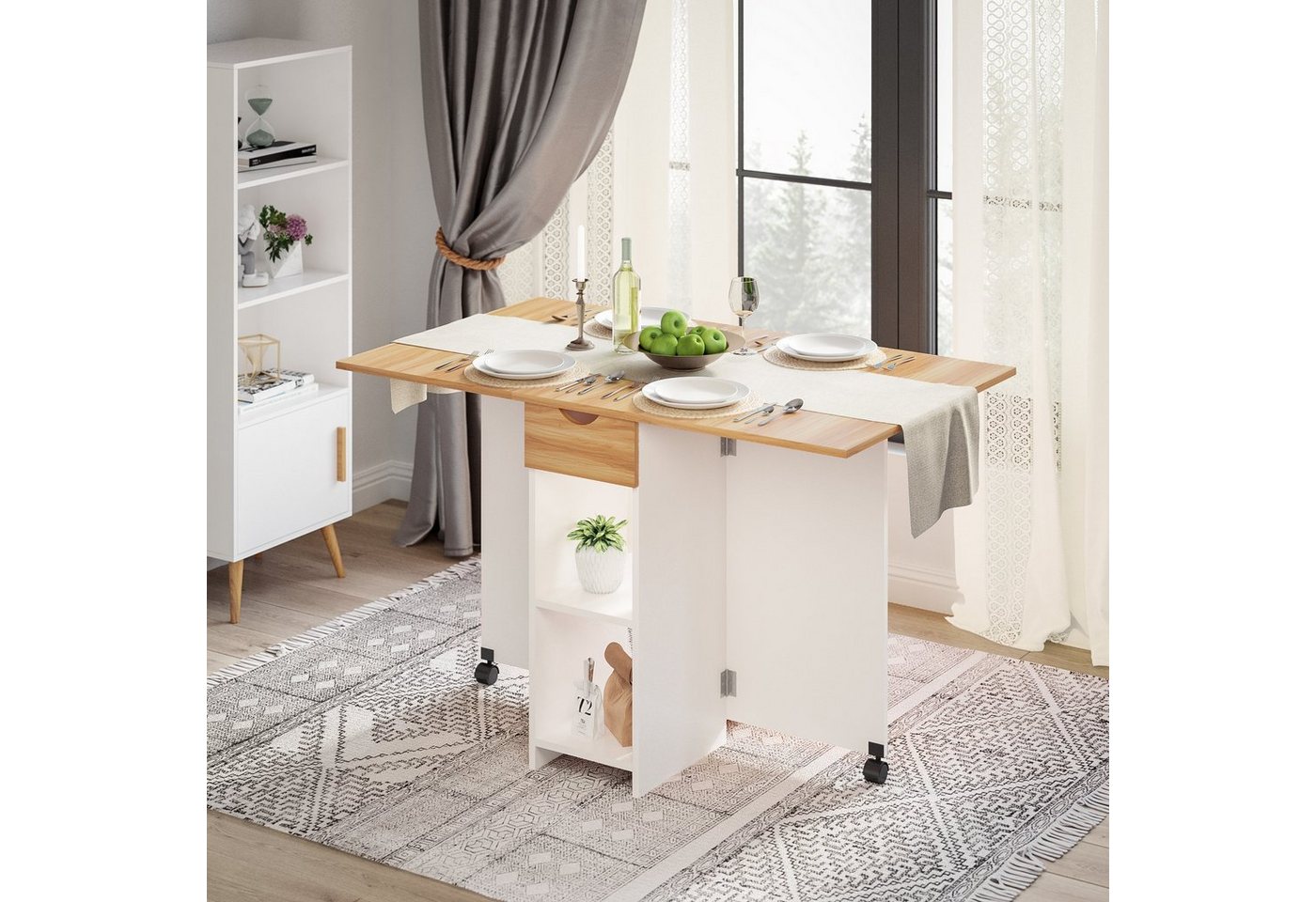 Mondeer Esstisch Klappbarer Esstisch, mit 1 Schublade und 2 Lagerregalkonsolen 72 x 120 x 75 cm – Bild 2 von 5