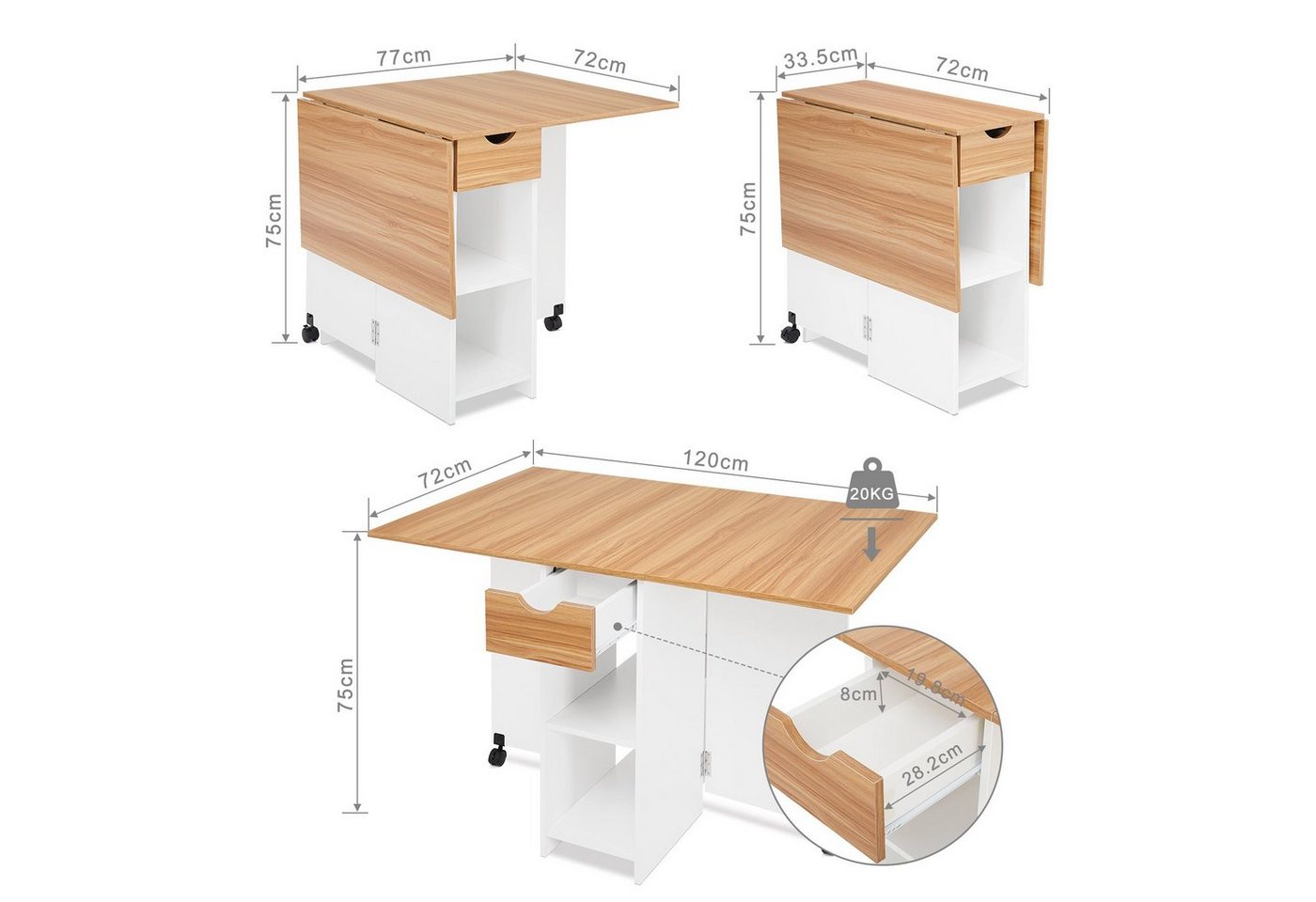 Mondeer Esstisch Klappbarer Esstisch, mit 1 Schublade und 2 Lagerregalkonsolen 72 x 120 x 75 cm – Bild 4 von 5
