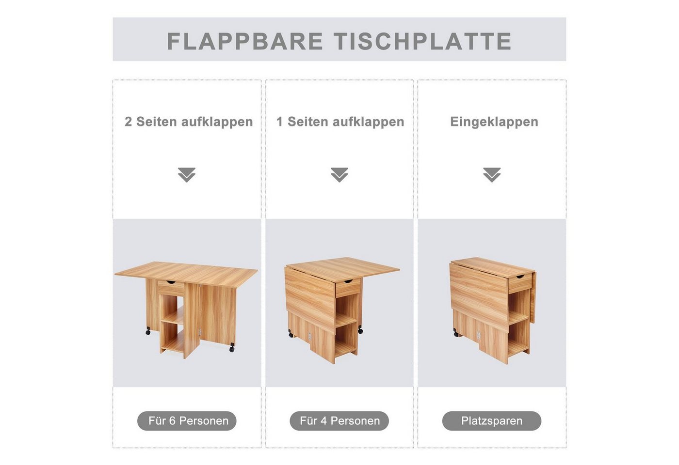 Mondeer Esstisch Klappbarer Esstisch, mit 1 Schublade und 2 Lagerregalkonsolen 72 x 120 x 75 cm – Bild 5 von 5