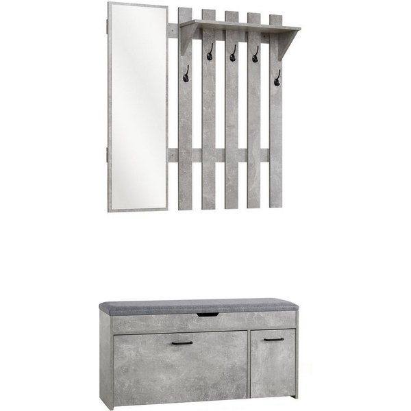 Mondeer Garderoben-Set (2-St), Garderobe mit Schuhbank, Garderobenpaneel mit Spiegel und 5 Haken