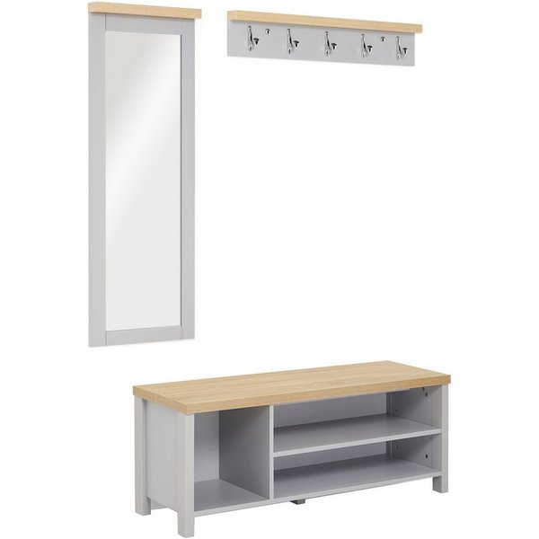 Mondeer Garderoben-Set Flurmöbel-Set, (3-St),Schuhbank Wandspiegel und Wandgarderobe, Grau+Natur
