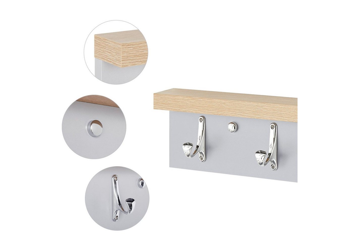 Mondeer Garderoben-Set Flurmöbel-Set, (3-St),Schuhbank Wandspiegel und Wandgarderobe, Grau+Natur – Bild 3 von 5