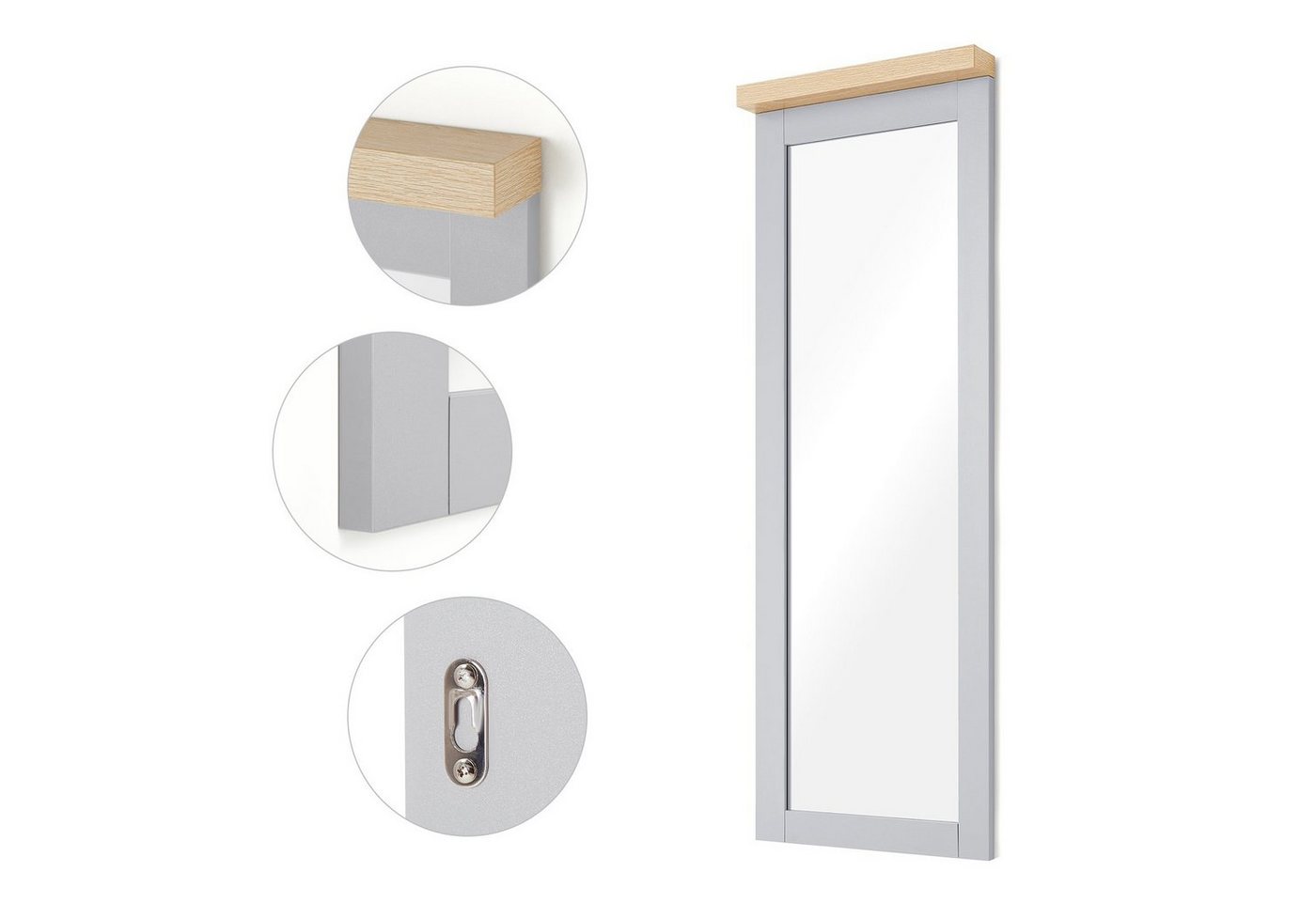 Mondeer Garderoben-Set Flurmöbel-Set, (3-St),Schuhbank Wandspiegel und Wandgarderobe, Grau+Natur – Bild 4 von 5