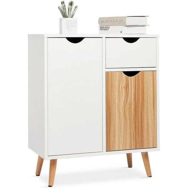 Mondeer Kommode Beistellschrank, Multifunktionale Möbel mit 1 Schublade und 2 Türen, Weiß + Eiche