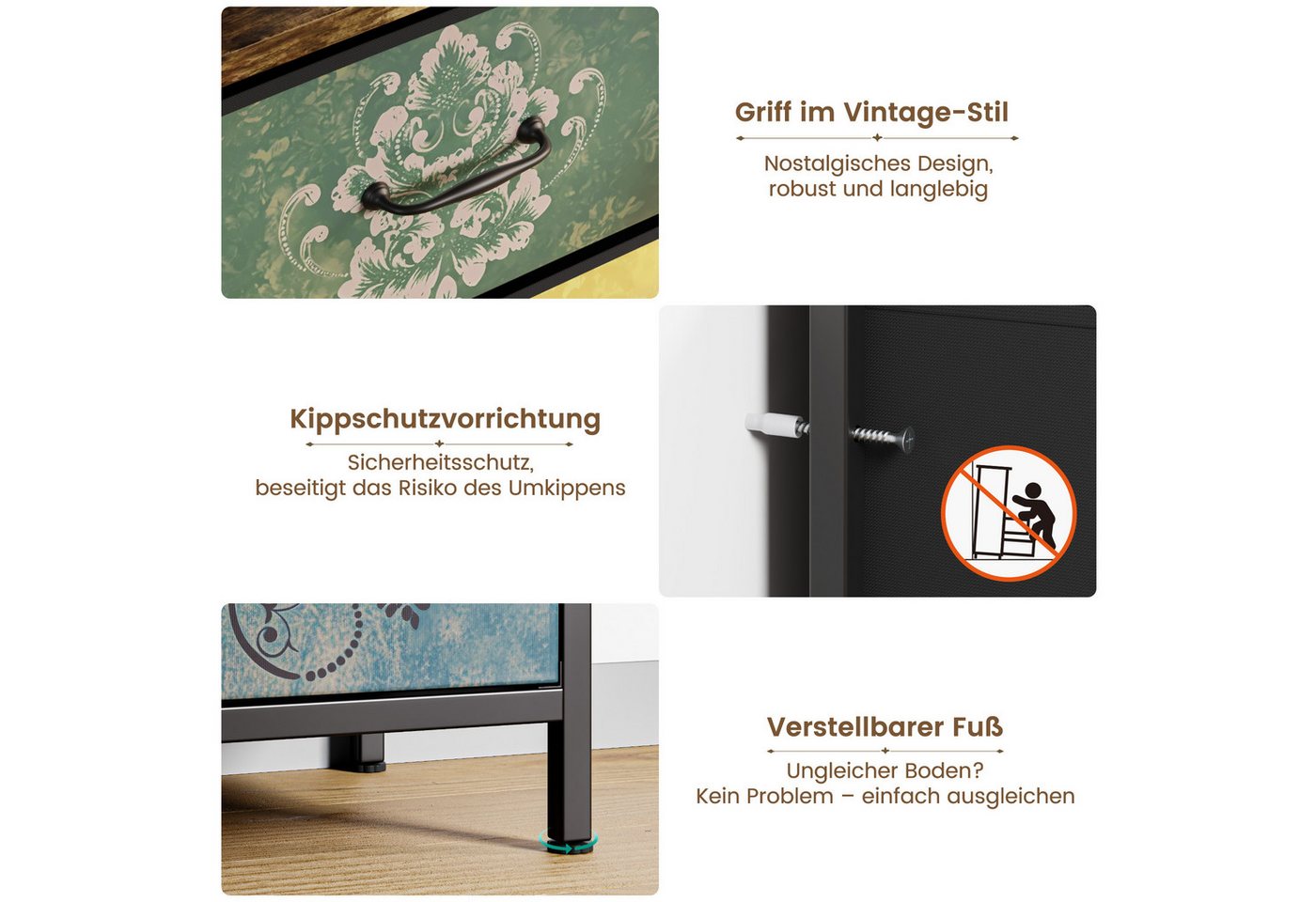Mondeer Kommode Schubladenschrank, mit 6 Blumenstoff Schubladen aus Vliesstoff, mit Metallrahmen – Bild 4 von 5