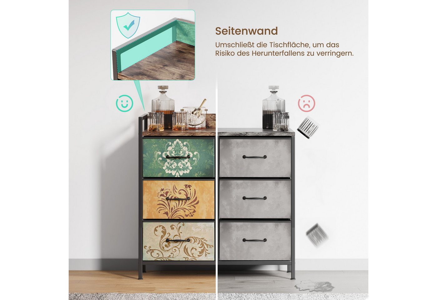 Mondeer Kommode Schubladenschrank, mit 6 Blumenstoff Schubladen aus Vliesstoff, mit Metallrahmen – Bild 5 von 5