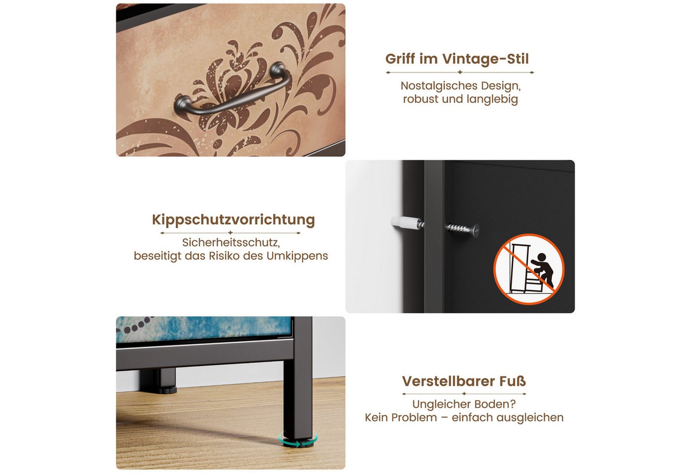 Mondeer Kommode Schubladenschrank, mit 9 Blumenstoff Schubladen aus Vliesstoff,mit Metallrahmen – Bild 4 von 5