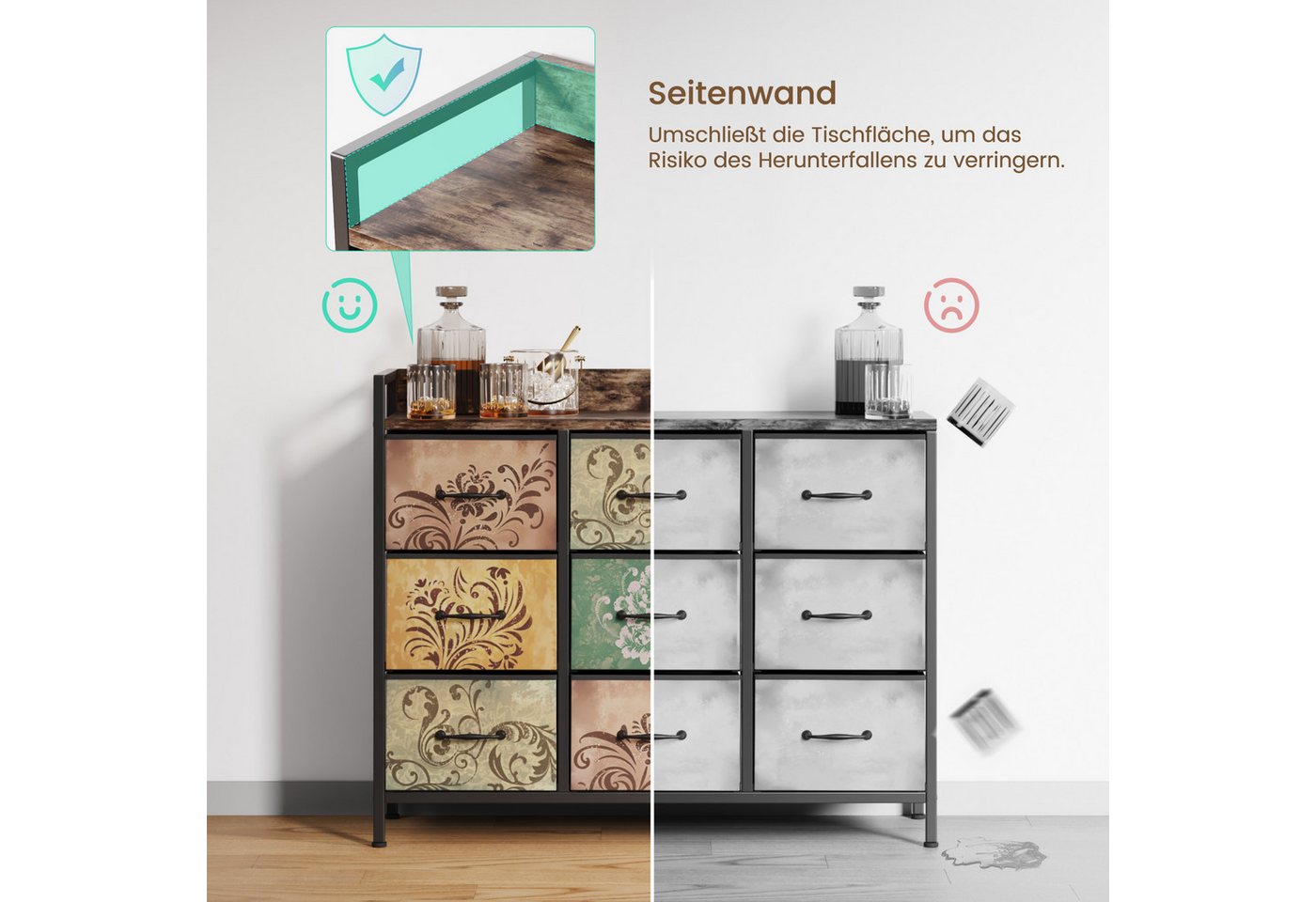 Mondeer Kommode Schubladenschrank, mit 9 Blumenstoff Schubladen aus Vliesstoff,mit Metallrahmen – Bild 5 von 5