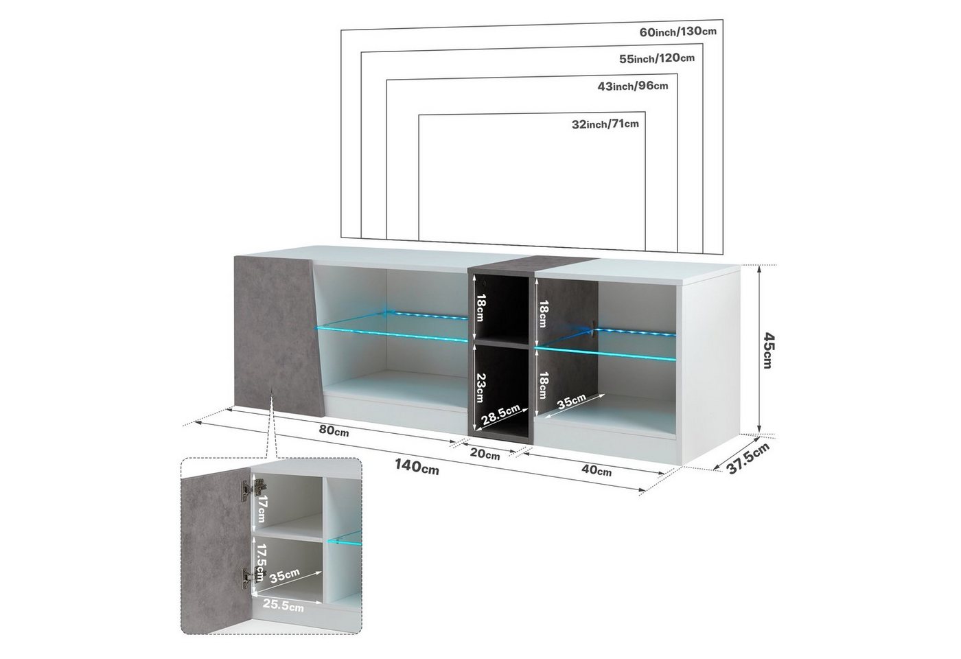 Mondeer Lowboard LED TV-Schrank, Breite 140cm mit 5 offenen Fächern und 1 Tür, Weiß und Grau – Bild 5 von 5