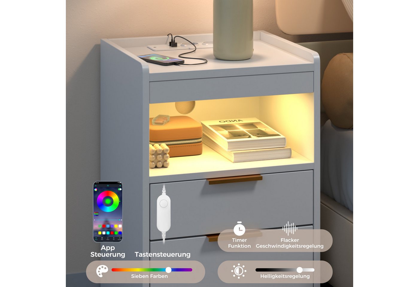 Mondeer Nachttisch LED Nachtkommode (Packung, Beistelltisch mit Steckdosen), mit LED-Beleuchtung & 2 USB Ladestation, 3 Schubladen – Bild 4 von 5