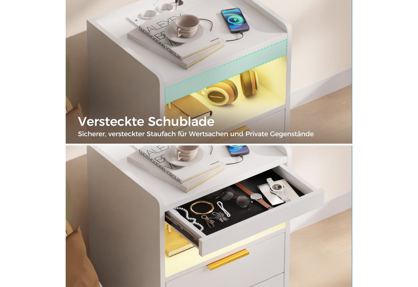 Mondeer Nachttisch LED Nachtkommode (Packung, Beistelltisch mit Steckdosen), mit LED-Beleuchtung & 2 USB Ladestation, 3 Schubladen – Bild 5 von 5