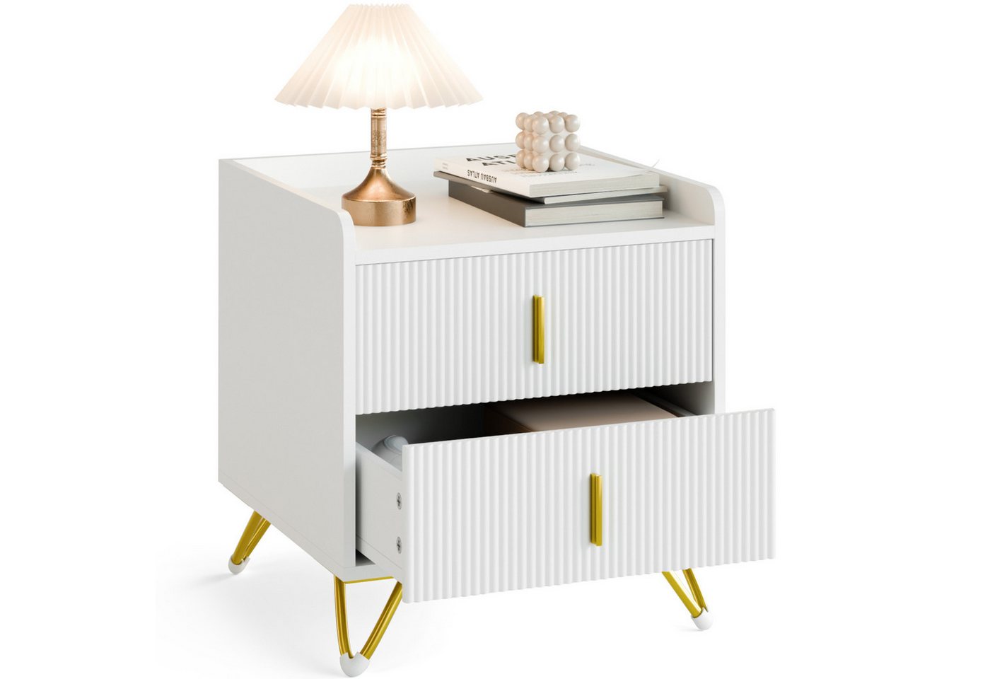 Mondeer Nachttisch Nachtkommode (1-St., 50 x 40 x 50 cm), mit 2 Schubladen, Kleiner Bettkasten in Weiß & Gold – Bild 3 von 5