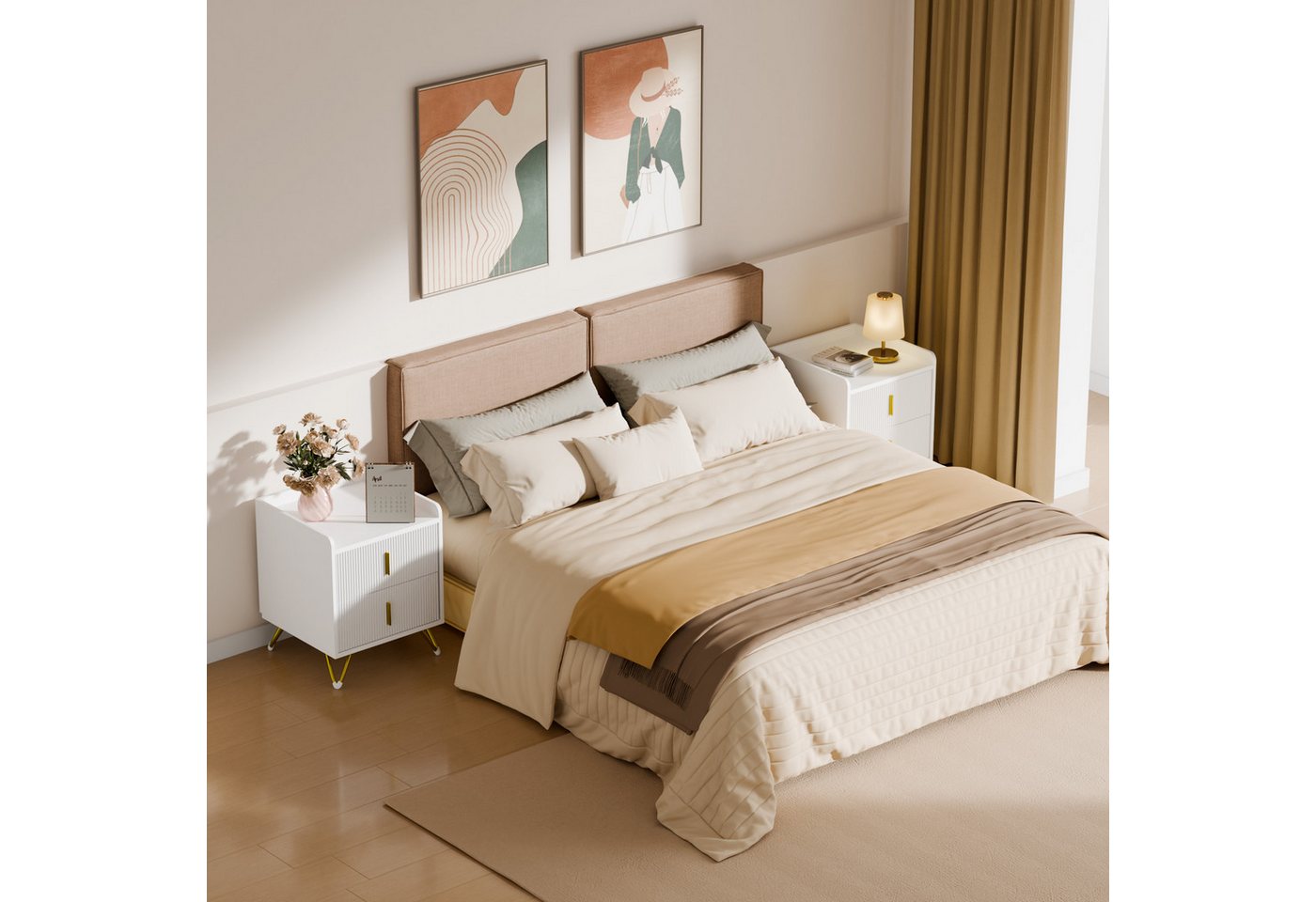 Mondeer Nachttisch Nachtkommode (2-St., 50 x 40 x 50 cm), mit 2 Schubladen, Kleiner Bettkasten in Weiß & Gold – Bild 2 von 5