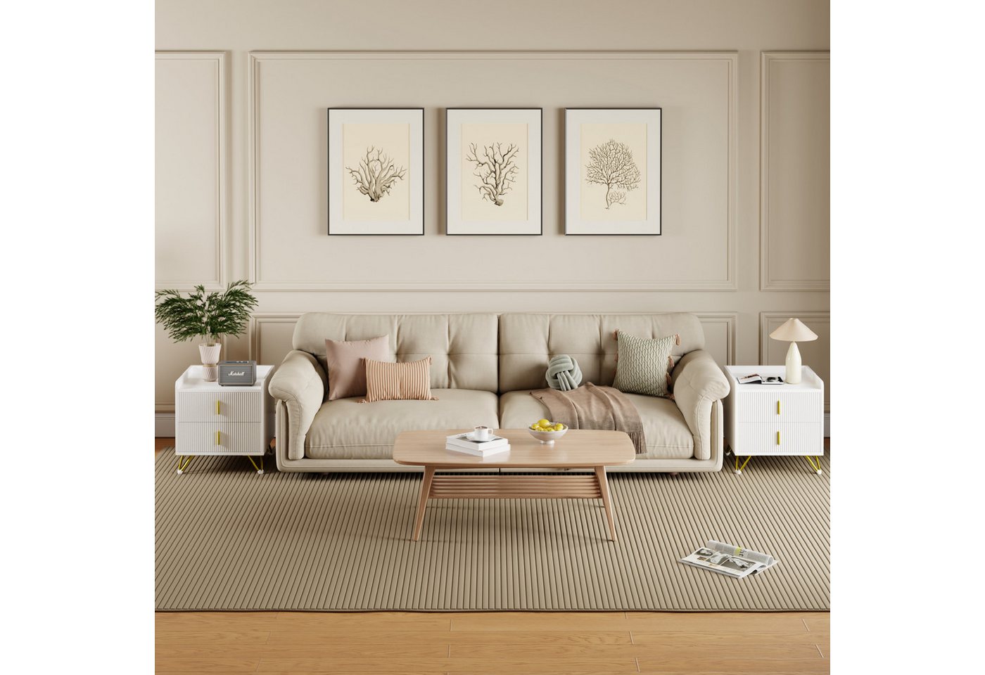 Mondeer Nachttisch Nachtkommode (2-St), mit 2 Schubladen, 50 x 40 x 50 cm, Weiß & Gold – Bild 2 von 5