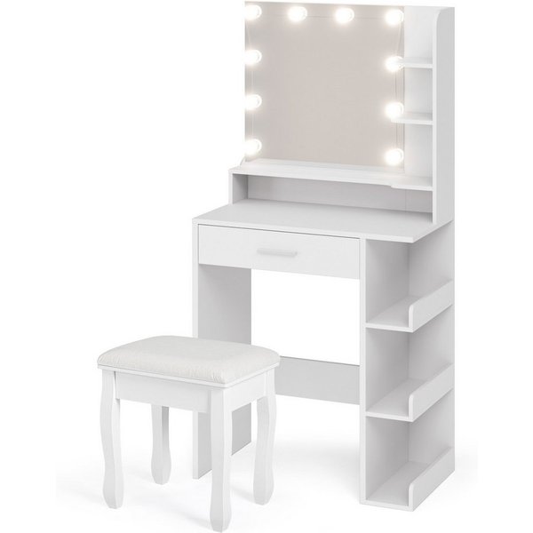Mondeer Schminktisch Kosmetiktisch (mit Hocker), mit Spiegel und 10 LED-Lichtkugeln,1 Schublade und 7 Offenen Fächern