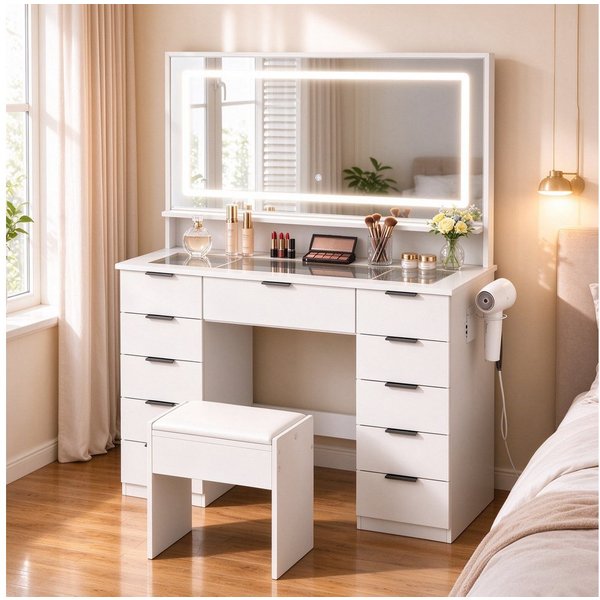 Mondeer Schminktisch Kosmetiktisch-Set(2-St), mit LED-Spiegel, 11 Schubladen und Hocker