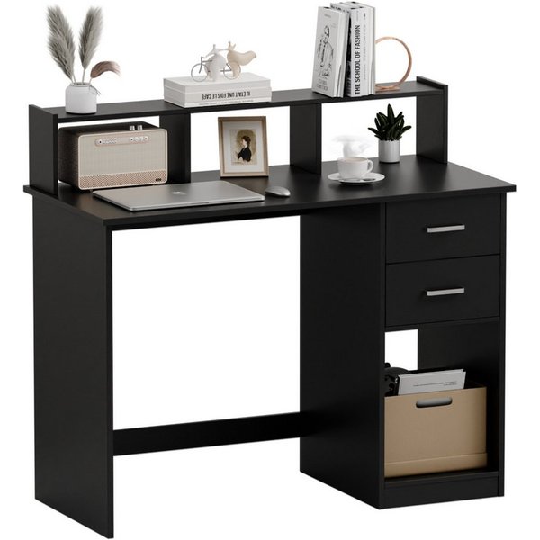 Mondeer Schreibtisch Computertisch, mit 2 Schubladen, Regal & Schrank 105x94x48cm Schwarz