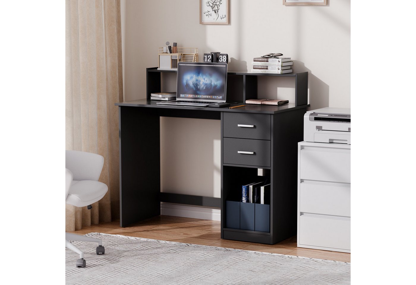 Mondeer Schreibtisch Computertisch, mit 2 Schubladen, Regal & Schrank 105x94x48cm Schwarz – Bild 2 von 5