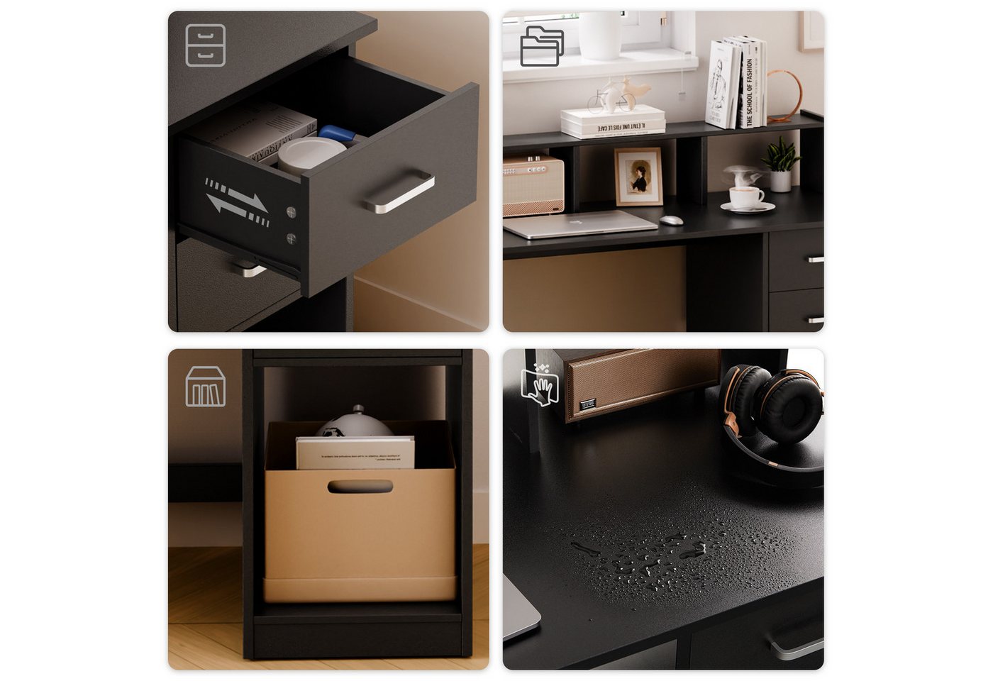Mondeer Schreibtisch Computertisch, mit 2 Schubladen, Regal & Schrank 105x94x48cm Schwarz – Bild 3 von 5