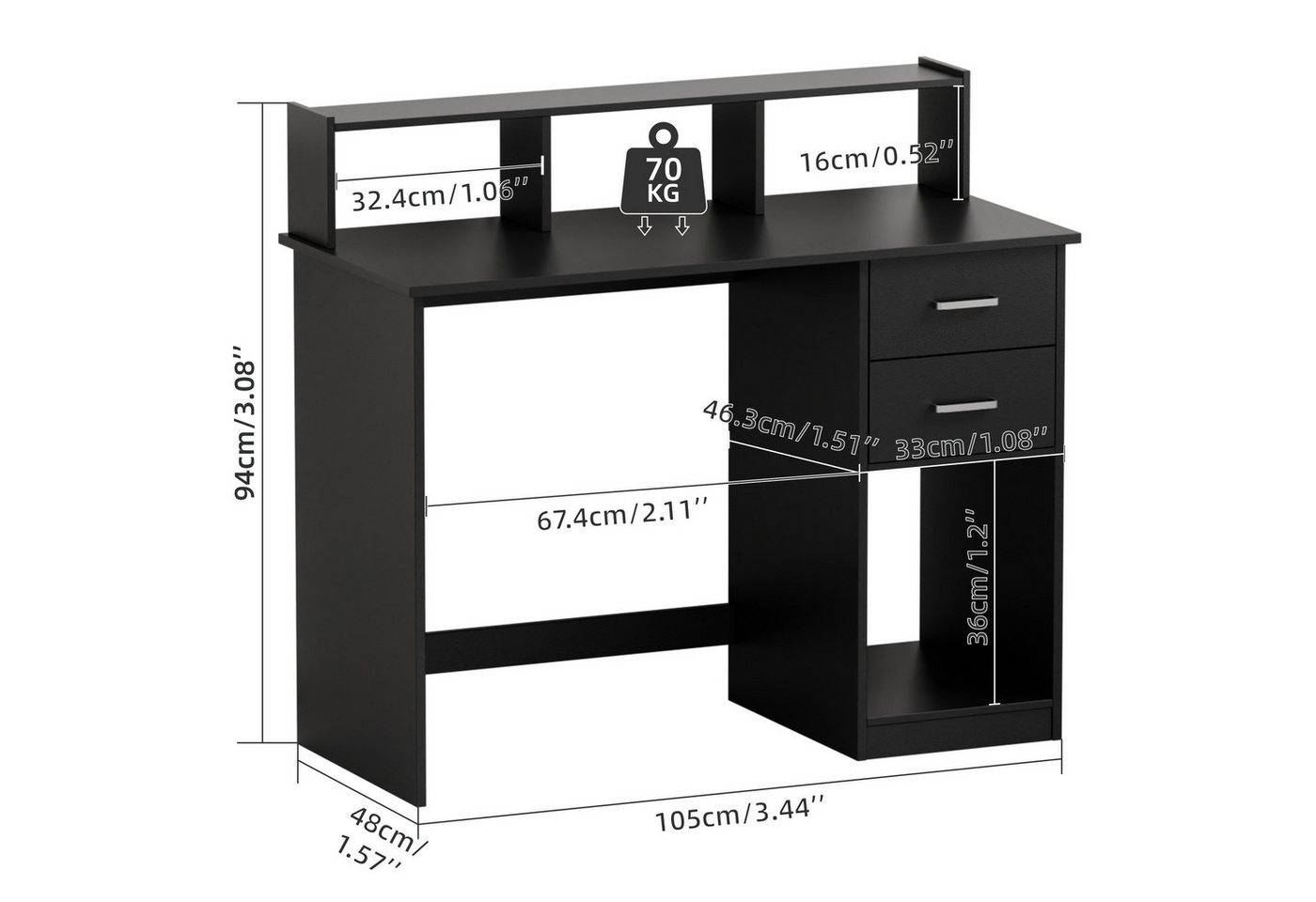 Mondeer Schreibtisch Computertisch, mit 2 Schubladen, Regal & Schrank 105x94x48cm Schwarz – Bild 4 von 5