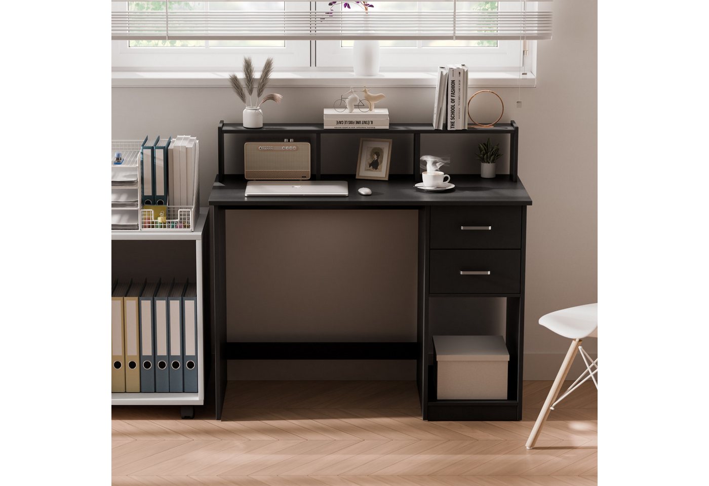 Mondeer Schreibtisch Computertisch, mit 2 Schubladen, Regal & Schrank 105x94x48cm Schwarz – Bild 5 von 5