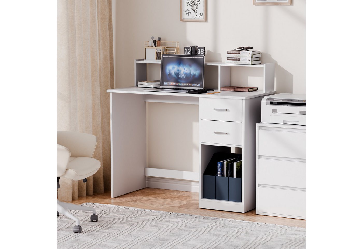 Mondeer Schreibtisch Computertisch, mit 2 Schubladen, Regal & Schrank 105x94x48cm Weiß – Bild 2 von 5