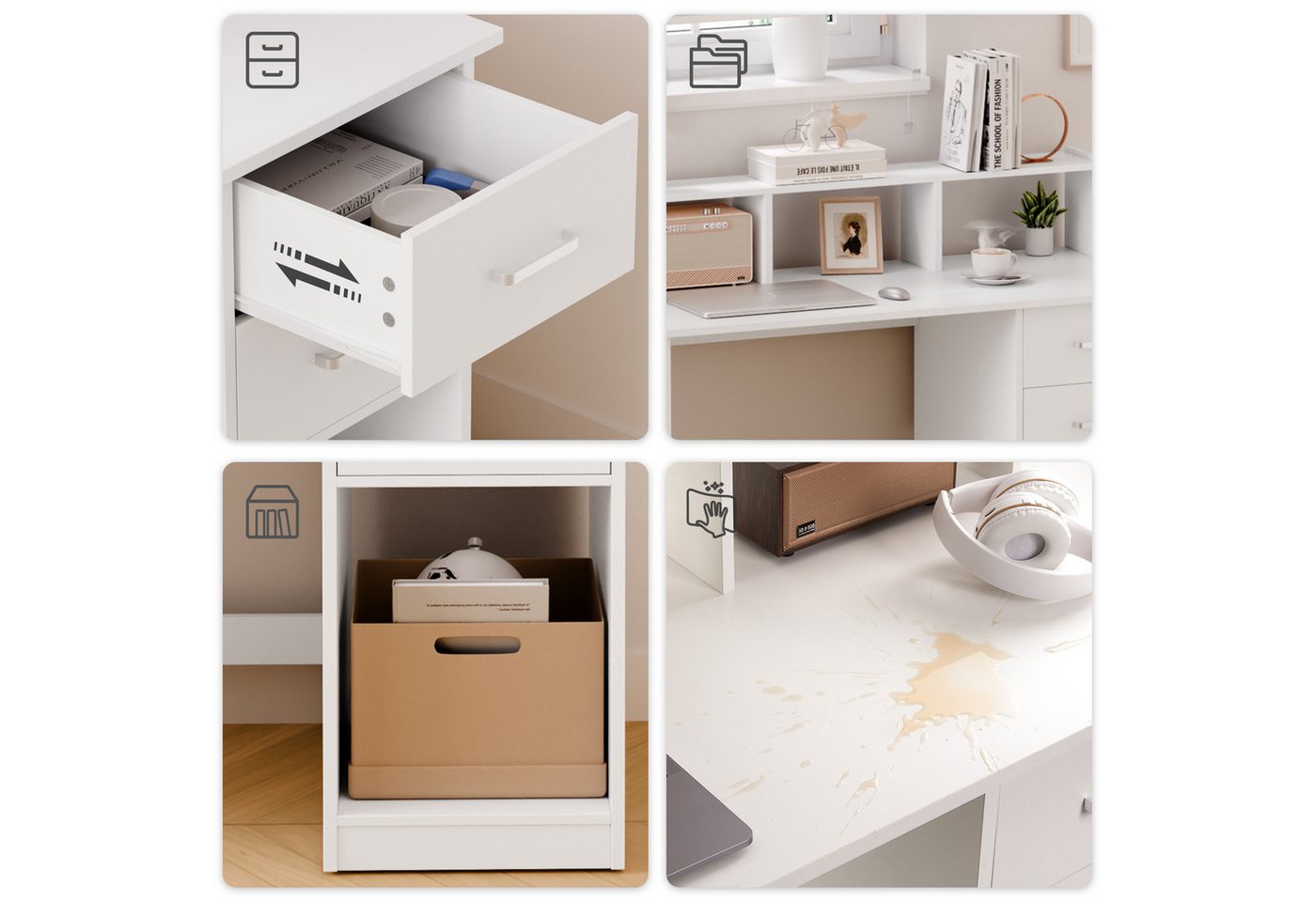 Mondeer Schreibtisch Computertisch, mit 2 Schubladen, Regal & Schrank 105x94x48cm Weiß – Bild 3 von 5