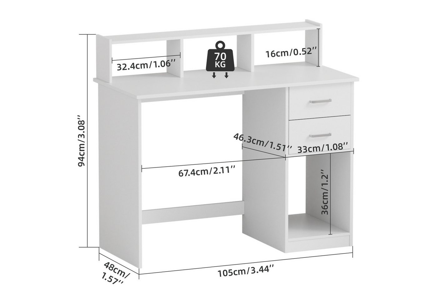 Mondeer Schreibtisch Computertisch, mit 2 Schubladen, Regal & Schrank 105x94x48cm Weiß – Bild 4 von 5